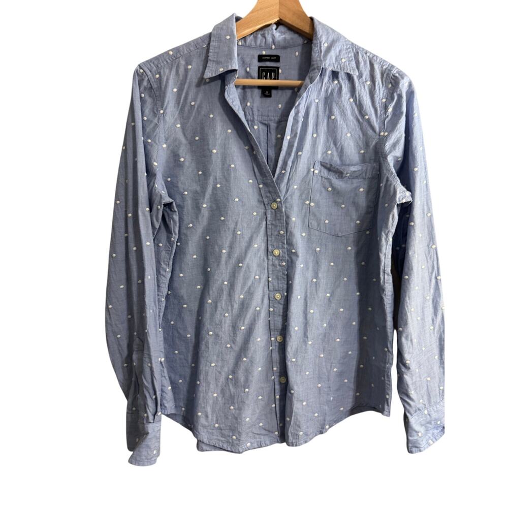 GAP Perfect Shirt Chambray White Polka Dots Size Small